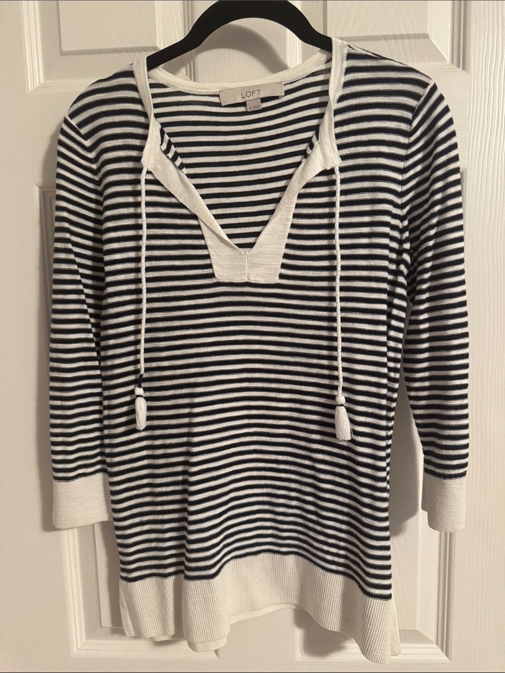 LOFT Navy & White Striped V-Neck Tassel Sweater Top